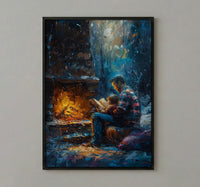 Father Reading Book Wall Art, Cozy Fireplace Decor - Family Storytime Print