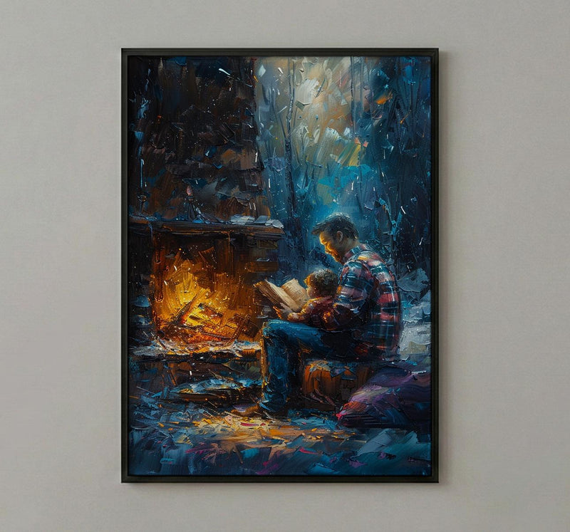 Father Reading Book Wall Art, Cozy Fireplace Decor - Family Storytime Print