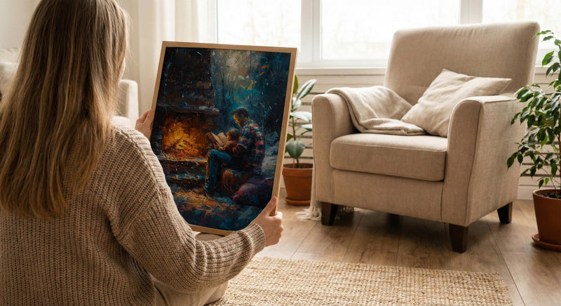 Father Reading Book Wall Art, Cozy Fireplace Decor - Family Storytime Print