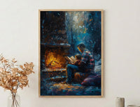 Father Reading Book Wall Art, Cozy Fireplace Decor - Family Storytime Print