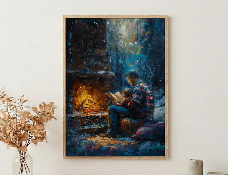 Father Reading Book Wall Art, Cozy Fireplace Decor - Family Storytime Print