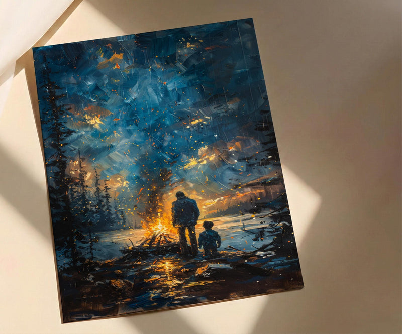 Father And Son Campfire Poster, Twilight Forest Decor - Outdoor Adventure Art