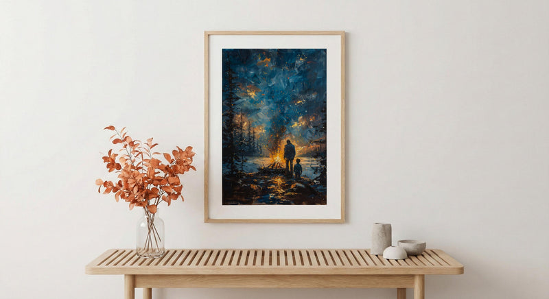Father And Son Campfire Poster, Twilight Forest Decor - Outdoor Adventure Art