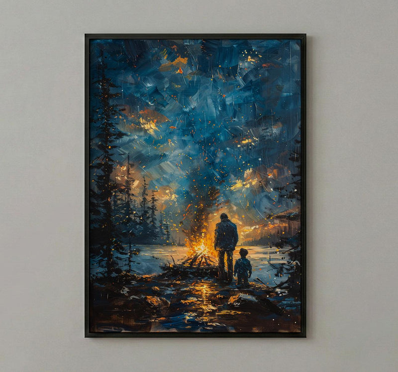 Father And Son Campfire Poster, Twilight Forest Decor - Outdoor Adventure Art