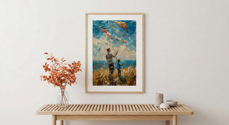 Flying A Kite Poster, Father And Son Decor - Windy Day Landscape Art