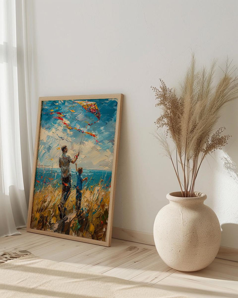 Flying A Kite Poster, Father And Son Decor - Windy Day Landscape Art