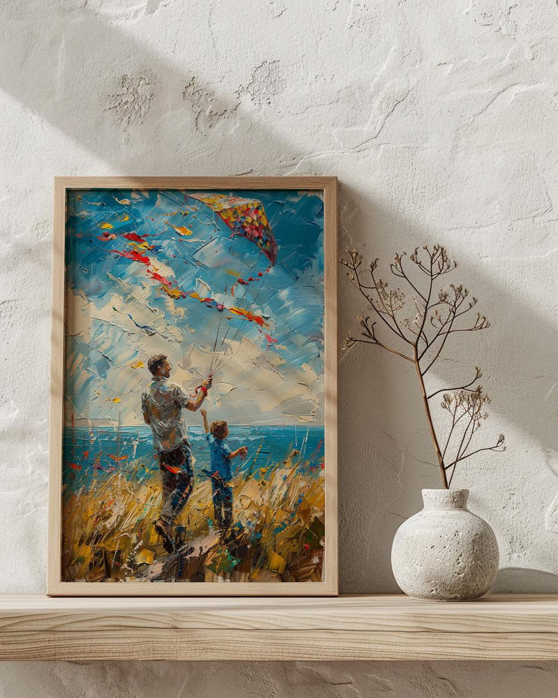 Flying A Kite Poster, Father And Son Decor - Windy Day Landscape Art