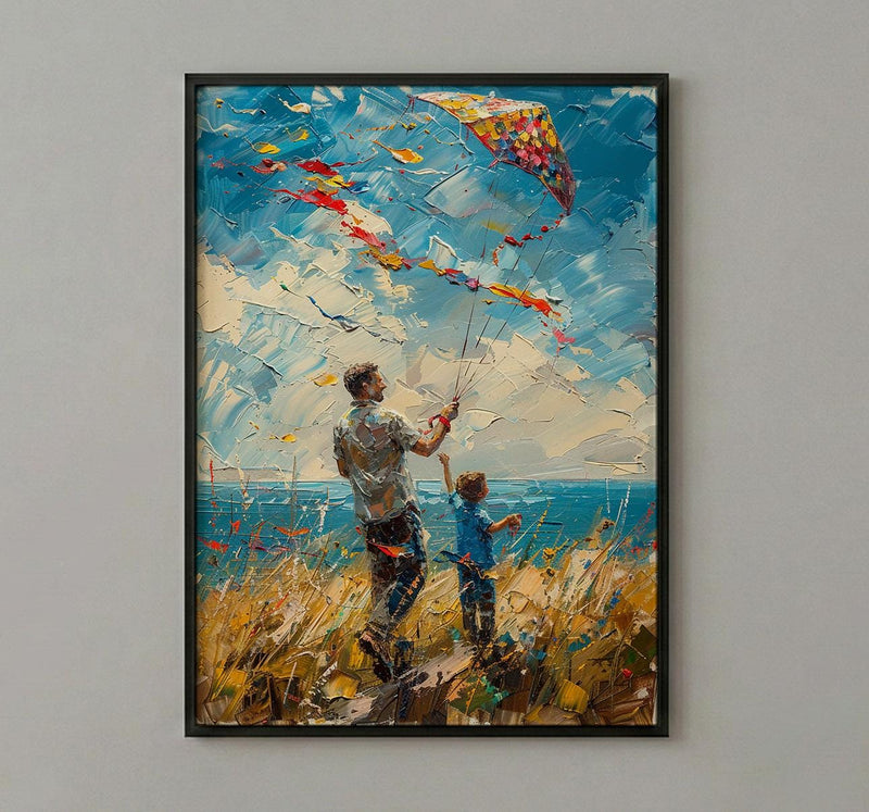 Flying A Kite Poster, Father And Son Decor - Windy Day Landscape Art