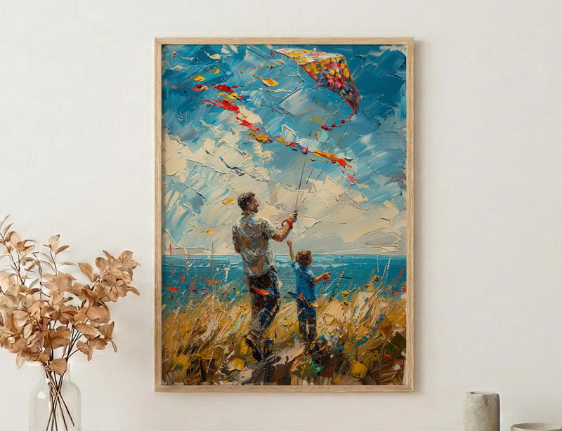 Flying A Kite Poster, Father And Son Decor - Windy Day Landscape Art