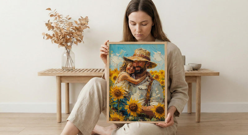 Sunflower Field Art Print, Father And Child Decor - Joyful Summer Poster