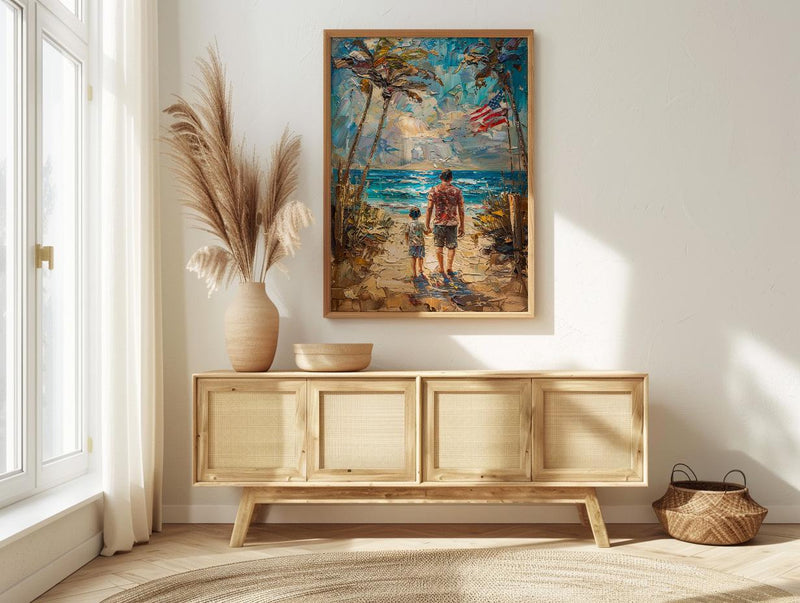 Florida Beach Poster, Father And Grandson Wall Decor - Ocean Sunset Coastal Art