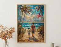 Florida Beach Poster, Father And Grandson Wall Decor - Ocean Sunset Coastal Art