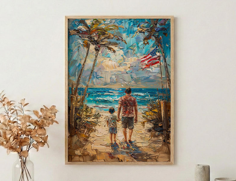 Florida Beach Poster, Father And Grandson Wall Decor - Ocean Sunset Coastal Art