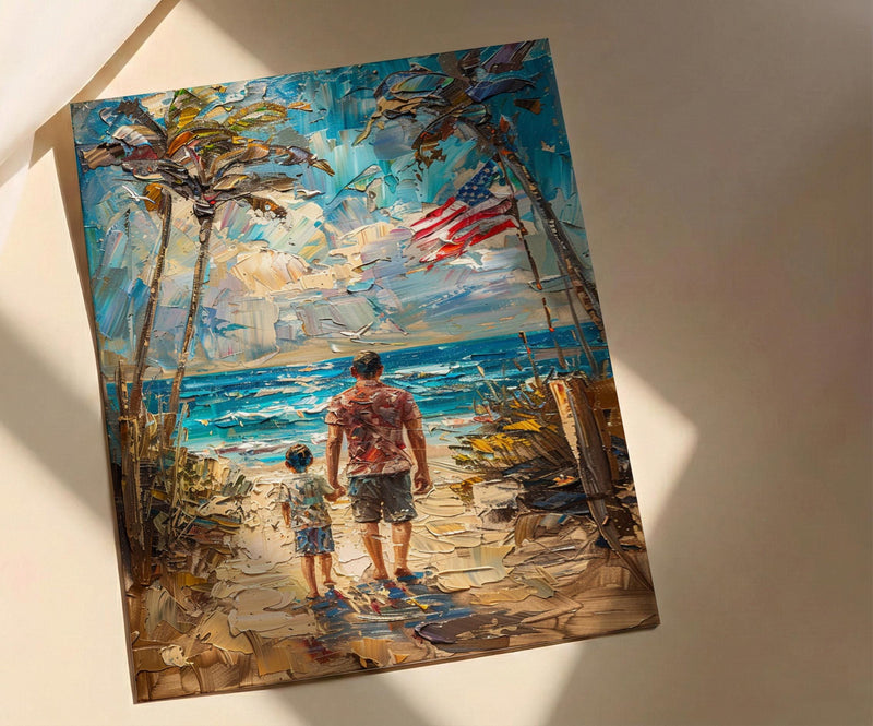 Florida Beach Poster, Father And Grandson Wall Decor - Ocean Sunset Coastal Art