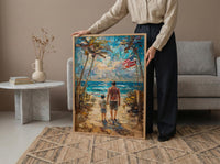 Florida Beach Poster, Father And Grandson Wall Decor - Ocean Sunset Coastal Art