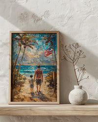 Florida Beach Poster, Father And Grandson Wall Decor - Ocean Sunset Coastal Art