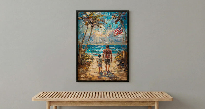 Florida Beach Poster, Father And Grandson Wall Decor - Ocean Sunset Coastal Art
