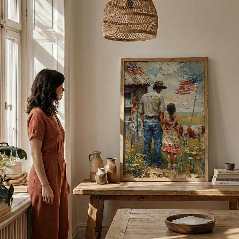 Texas Ranch Art Print, Father And Daughter Wall Decor - Rustic Americana Landscape