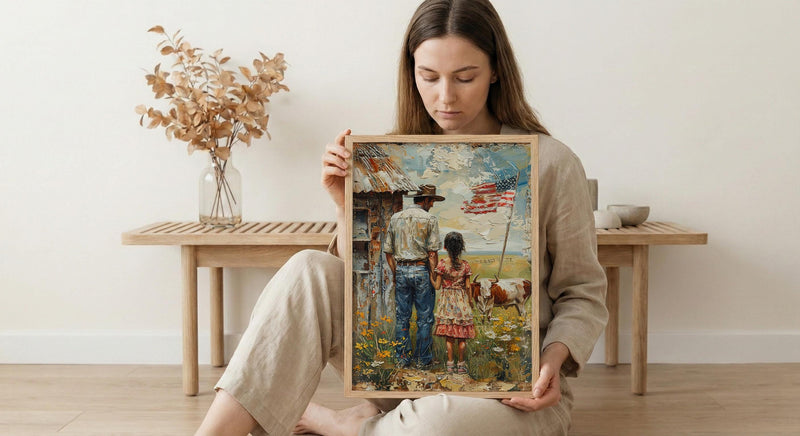 Texas Ranch Art Print, Father And Daughter Wall Decor - Rustic Americana Landscape