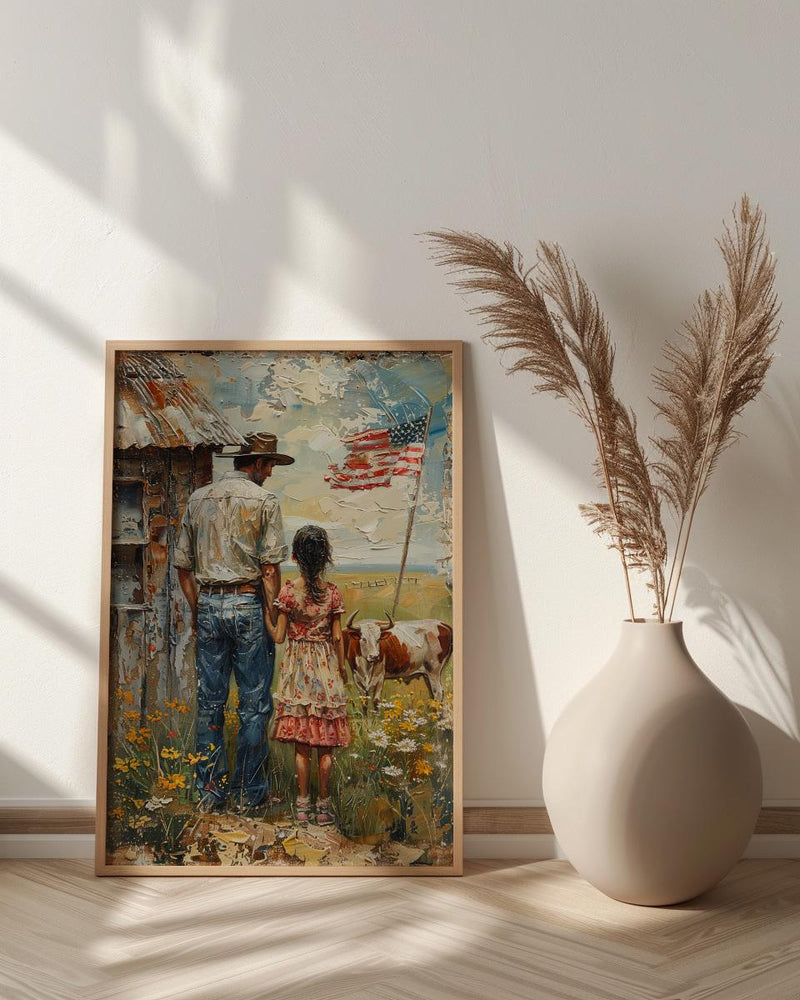 Texas Ranch Art Print, Father And Daughter Wall Decor - Rustic Americana Landscape