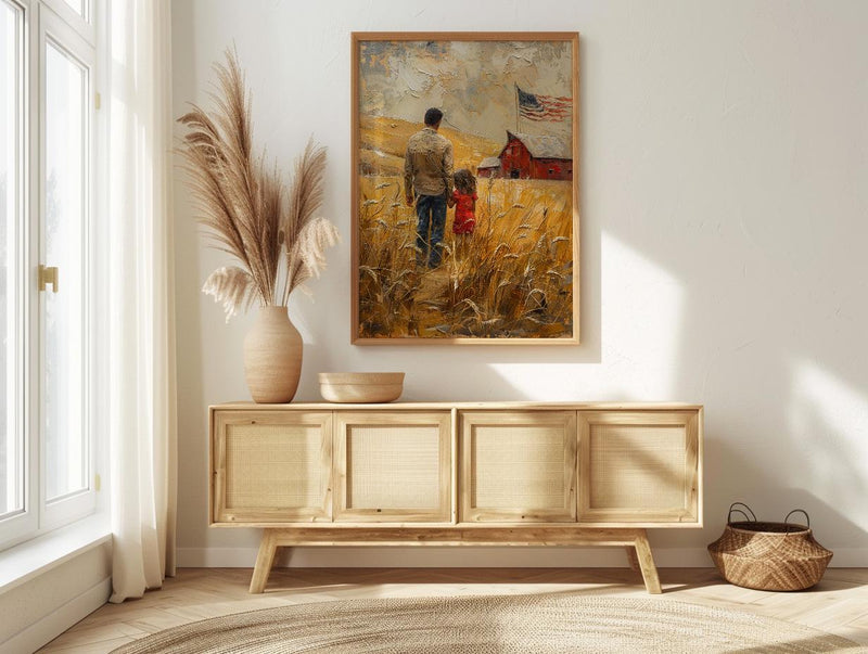 Kansas Wheat Field Poster, Father And Child Decor - Red Barn Americana Art