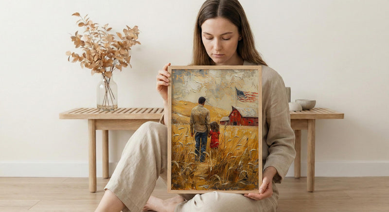 Kansas Wheat Field Poster, Father And Child Decor - Red Barn Americana Art
