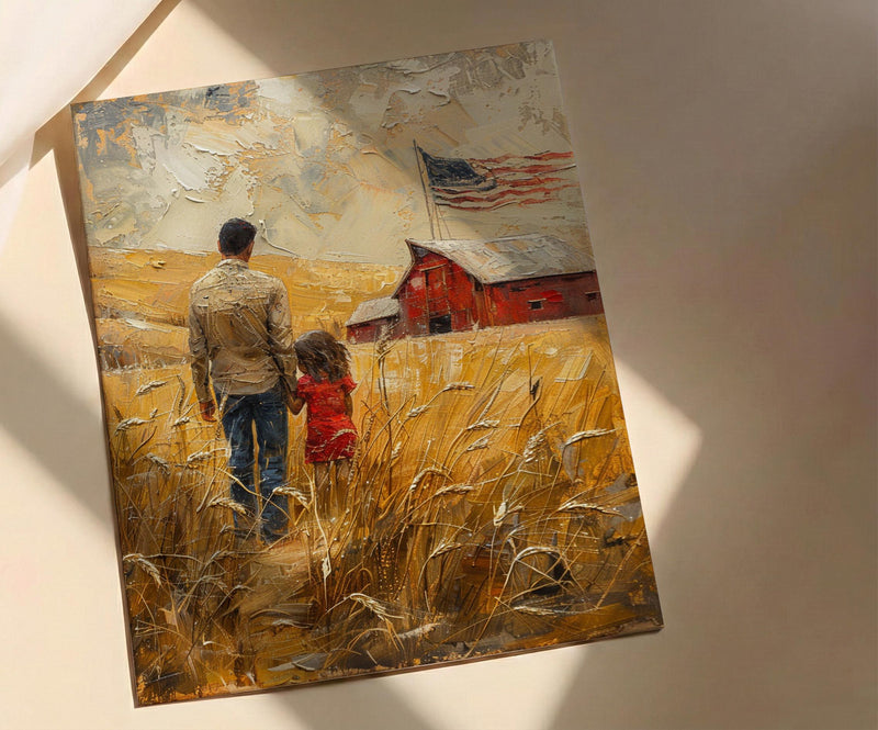 Kansas Wheat Field Poster, Father And Child Decor - Red Barn Americana Art