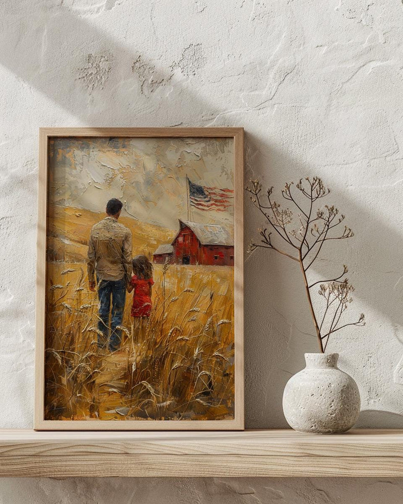 Kansas Wheat Field Poster, Father And Child Decor - Red Barn Americana Art