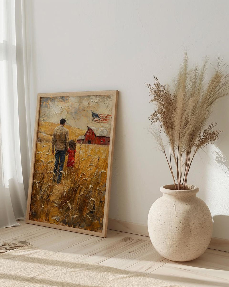 Kansas Wheat Field Poster, Father And Child Decor - Red Barn Americana Art