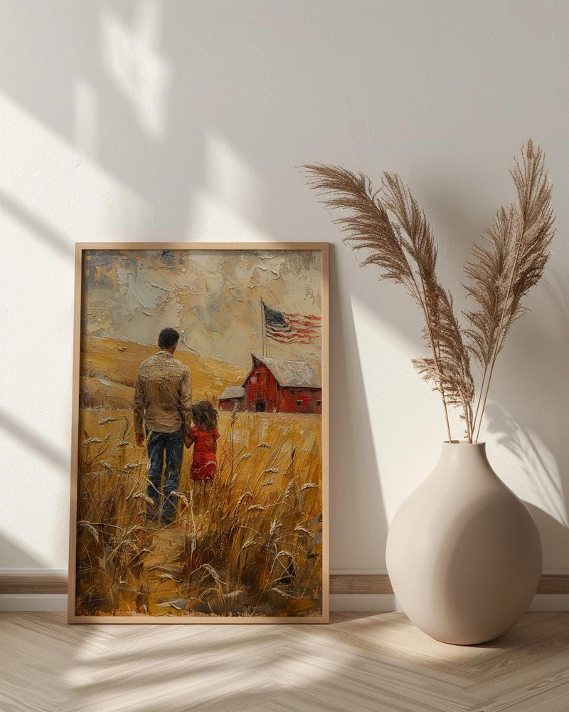 Kansas Wheat Field Poster, Father And Child Decor - Red Barn Americana Art