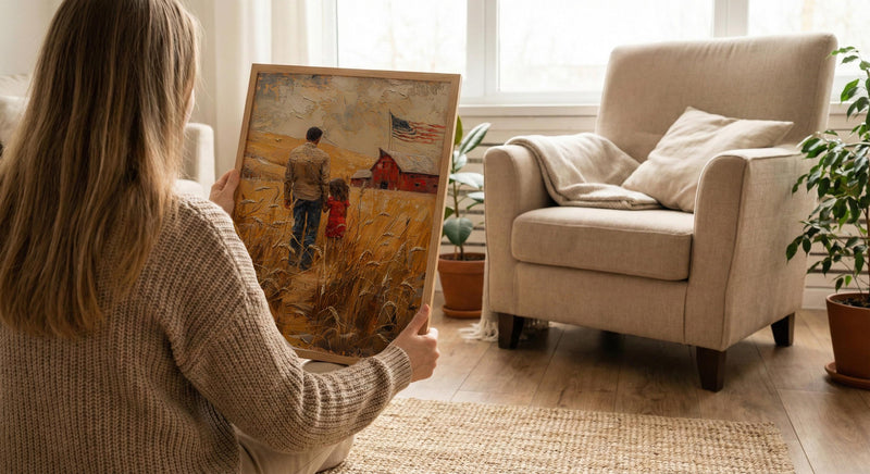 Kansas Wheat Field Poster, Father And Child Decor - Red Barn Americana Art