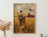 Kansas Wheat Field Poster, Father And Child Decor - Red Barn Americana Art