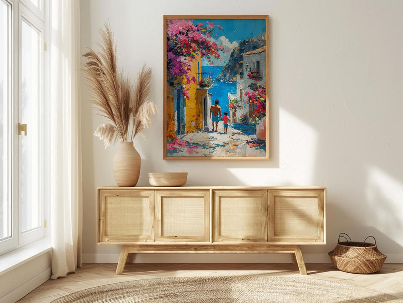 Mexican Village Art Print, Father And Son Poster - Colorful Family Decor