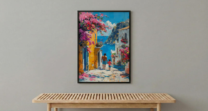 Mexican Village Art Print, Father And Son Poster - Colorful Family Decor