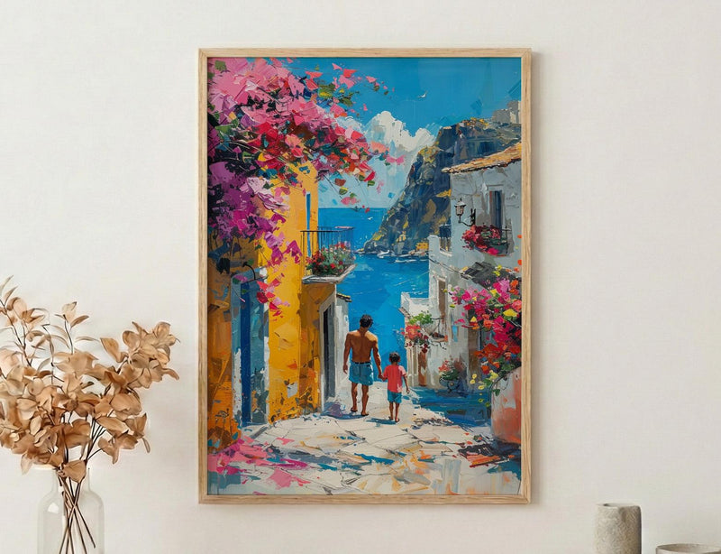 Mexican Village Art Print, Father And Son Poster - Colorful Family Decor