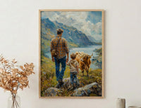 Scottish Highlands Poster, Father And Son Art - Dad Birthday Gift