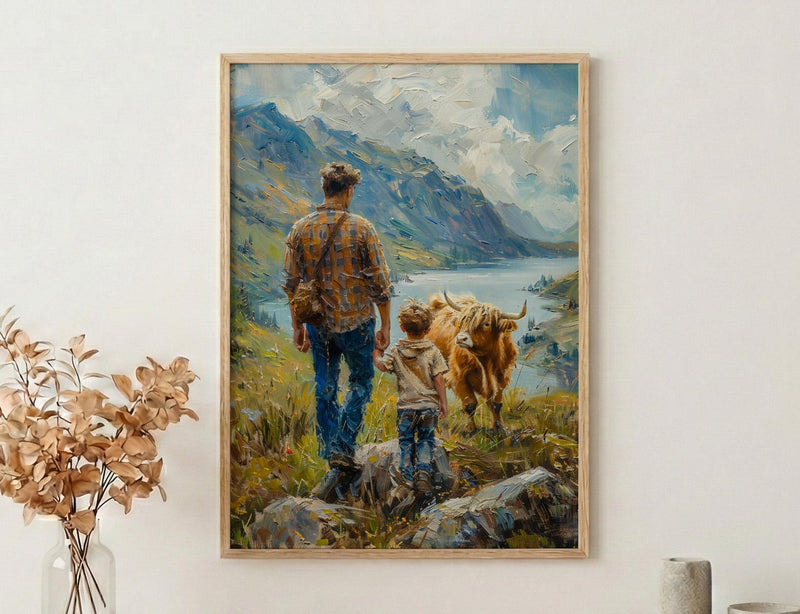 Scottish Highlands Poster, Father And Son Art - Dad Birthday Gift