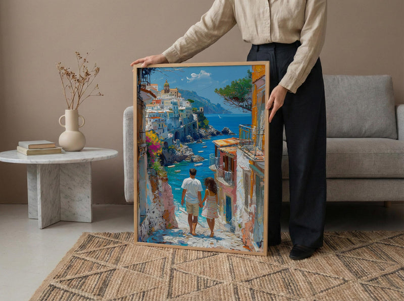 Amalfi Coast Art Print, Father And Daughter Poster - Summer Coastal Decor