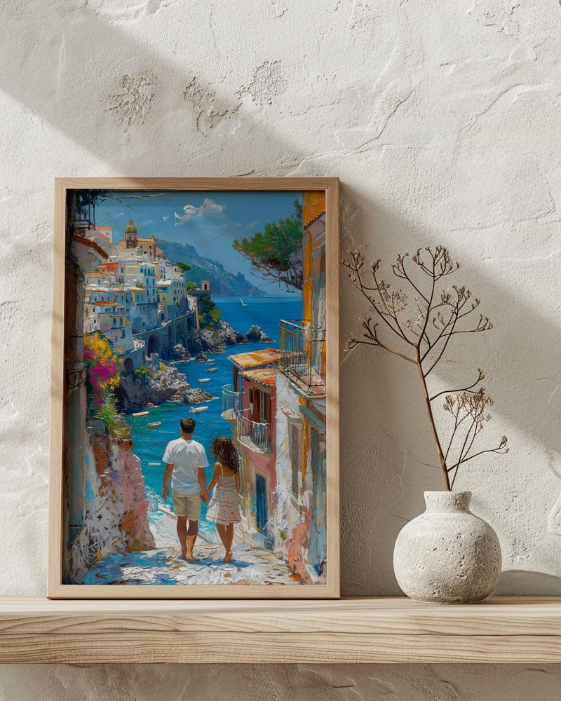 Amalfi Coast Art Print, Father And Daughter Poster - Summer Coastal Decor