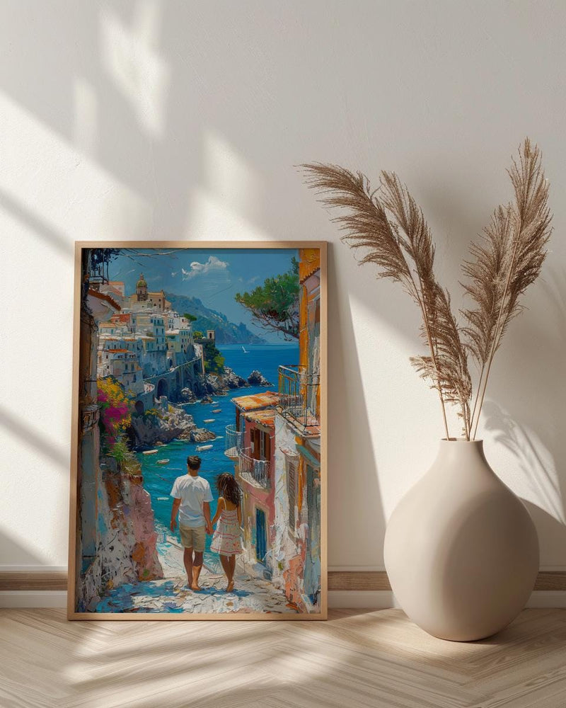Amalfi Coast Art Print, Father And Daughter Poster - Summer Coastal Decor