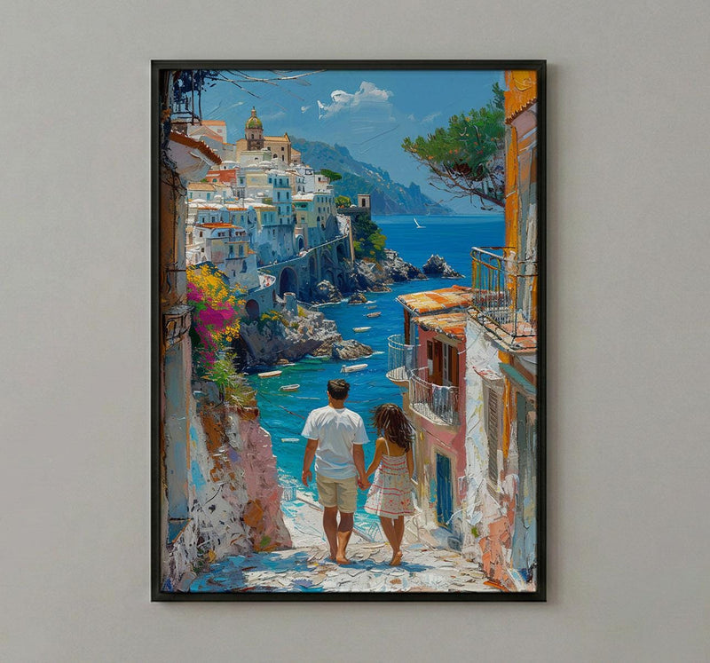 Amalfi Coast Art Print, Father And Daughter Poster - Summer Coastal Decor