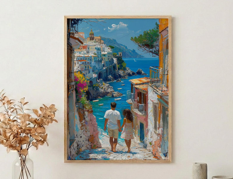 Amalfi Coast Art Print, Father And Daughter Poster - Summer Coastal Decor