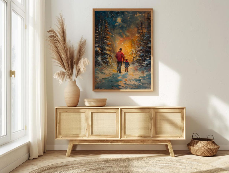 Northern Lights Art Print, Father And Son Poster - Winter Magic Decor