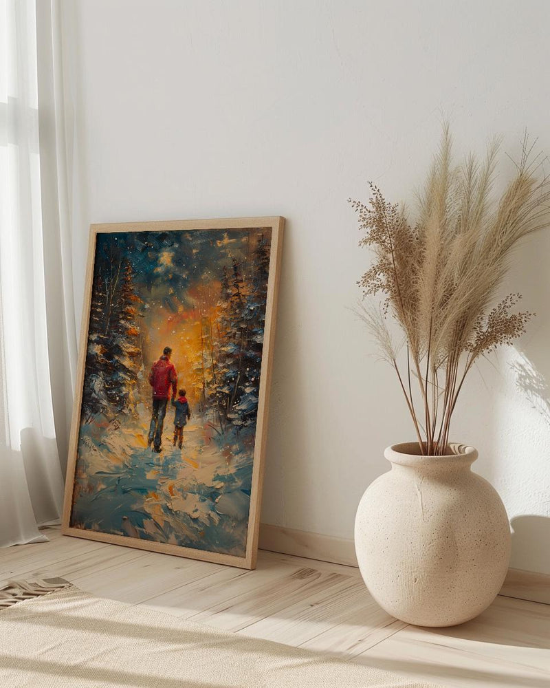 Northern Lights Art Print, Father And Son Poster - Winter Magic Decor