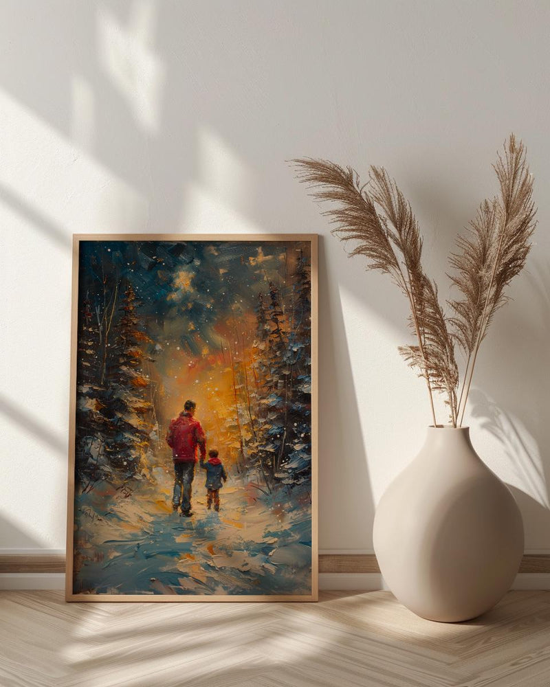 Northern Lights Art Print, Father And Son Poster - Winter Magic Decor