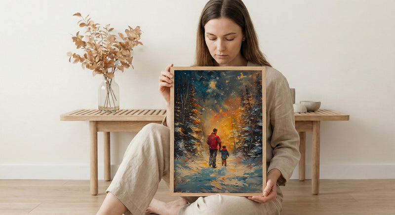 Northern Lights Art Print, Father And Son Poster - Winter Magic Decor