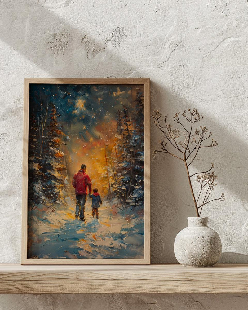 Northern Lights Art Print, Father And Son Poster - Winter Magic Decor
