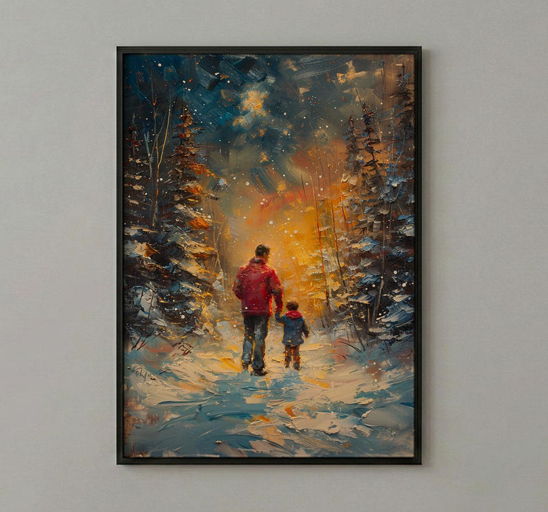 Northern Lights Art Print, Father And Son Poster - Winter Magic Decor