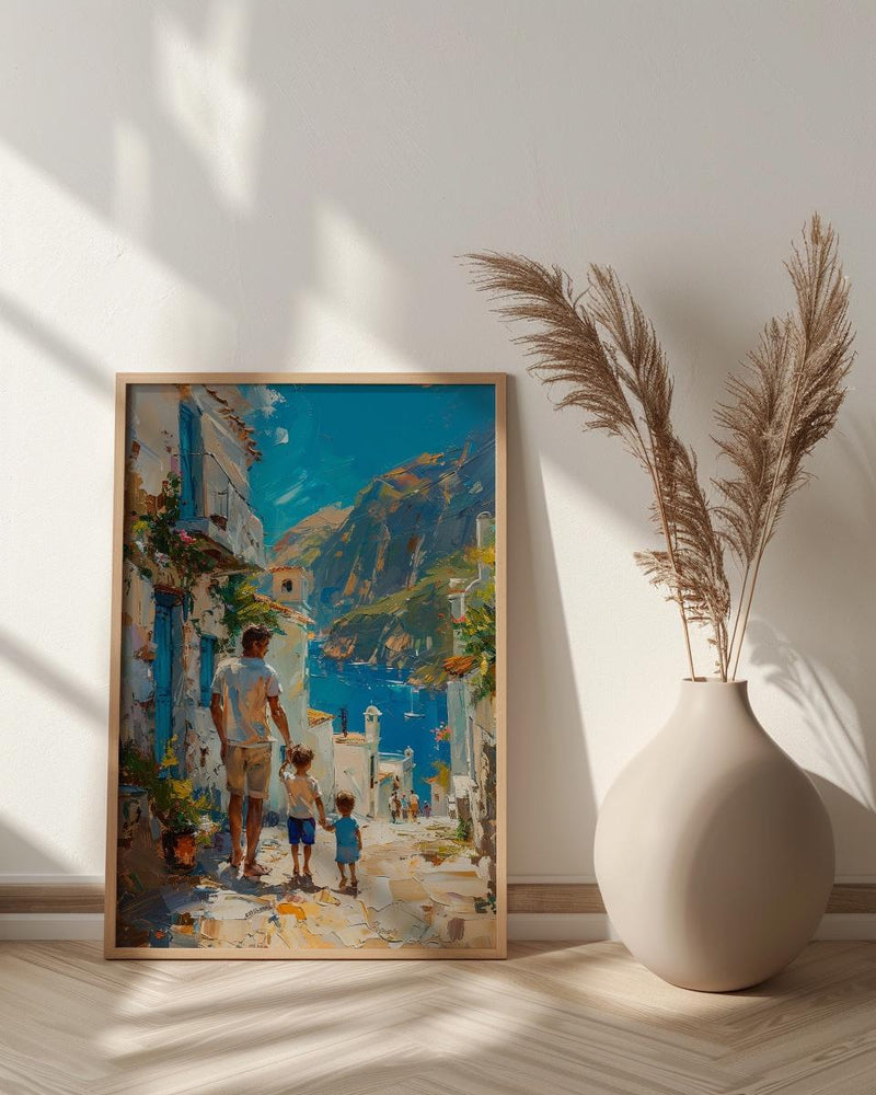 Greek Island Poster, Father And Son Vintage Wall Art - Mediterranean Decor