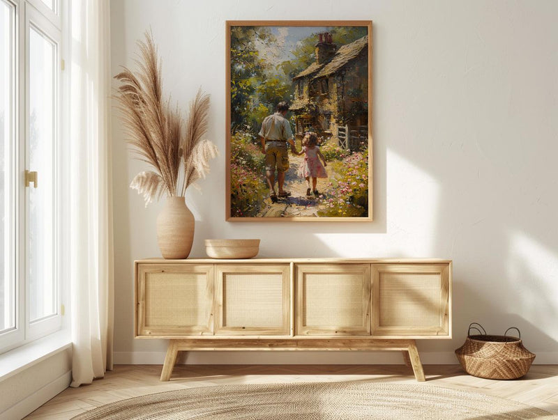 English Countryside Art Print, Father And Child Poster - Cozy Country Decor